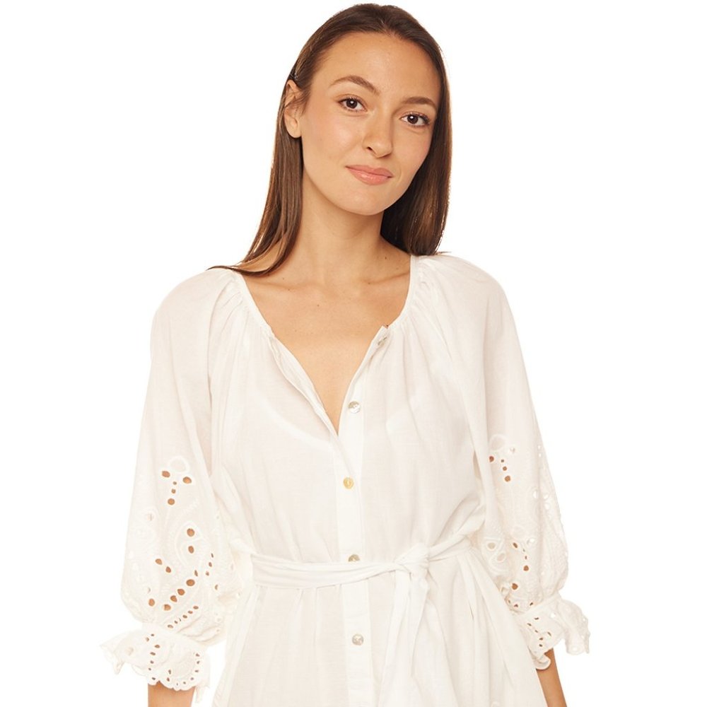 Natalie Martin Alex Short Dress with Sash - Tangier Border Embroidery Salt